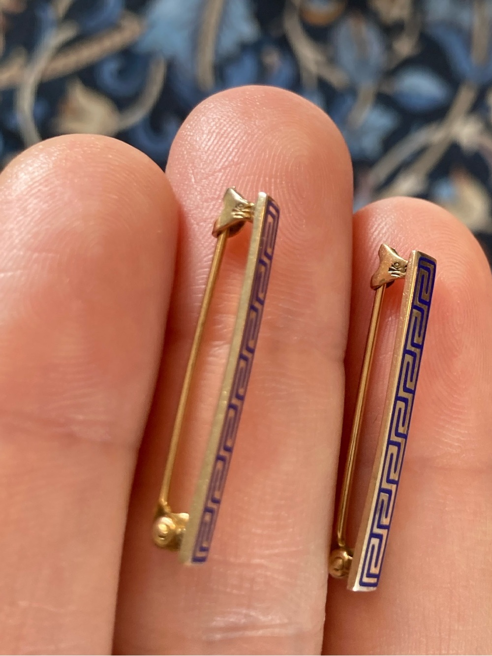 Rare Victorian 10K Taille d’Epargne Blue Enamel Greek Key Lingerie/Lace Pin Set